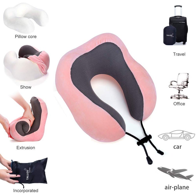 TALLGO Travel Pillow, Best Memory Foam Neck Pillow Head Support Soft Pillow for Sleeping Rest, Airplane Car & Home Use (Pink) - Image 5